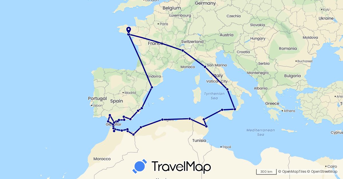 TravelMap itinerary: driving in Algeria, Spain, France, Italy, Morocco, Tunisia (Africa, Europe)
