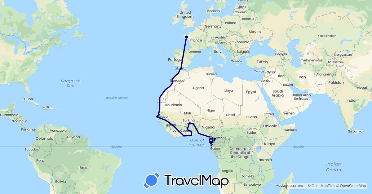 TravelMap itinerary: driving in Burkina Faso, Côte d'Ivoire, Cameroon, Spain, France, Gabon, Ghana, Guinea, Morocco, Mauritania, Nigeria, Senegal (Africa, Europe)
