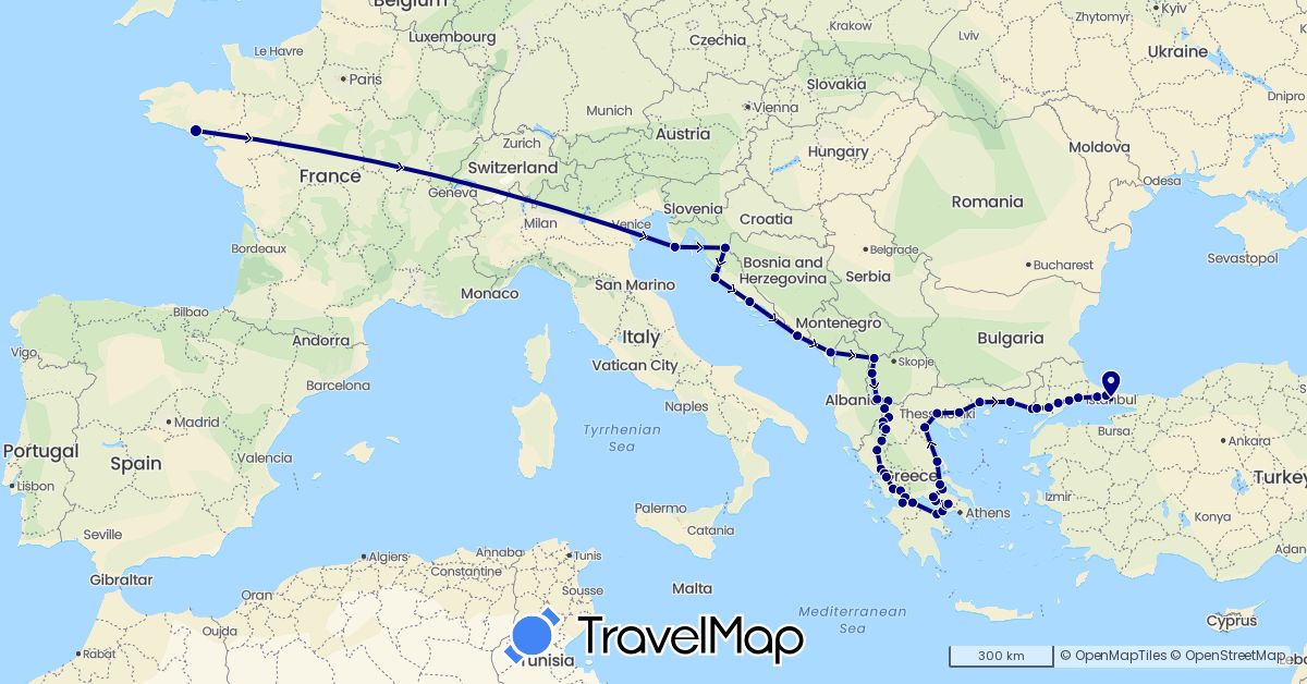 TravelMap itinerary: driving in France, Greece, Croatia, Montenegro, Macedonia, Turkey, Kosovo (Asia, Europe)